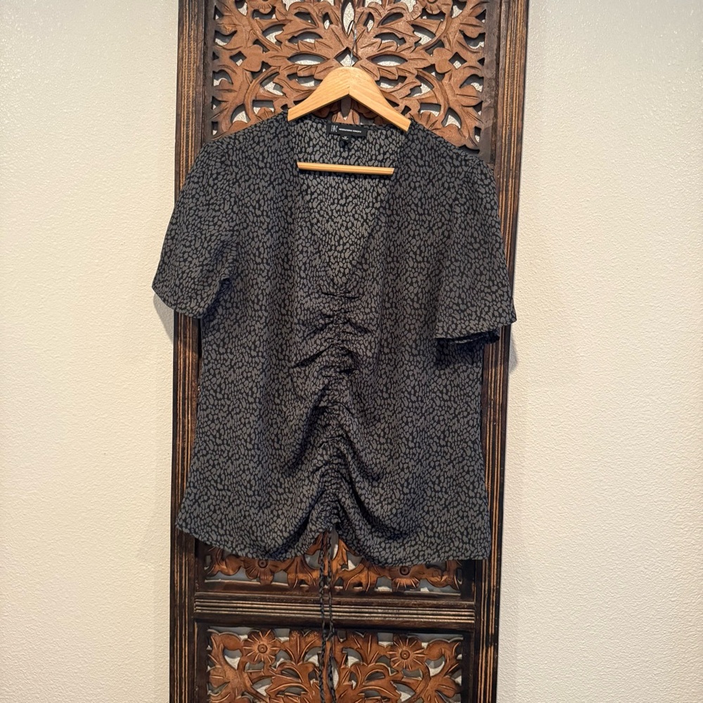 INC International Concepts Black Ruched Drawstring Short Sleeve Blouse